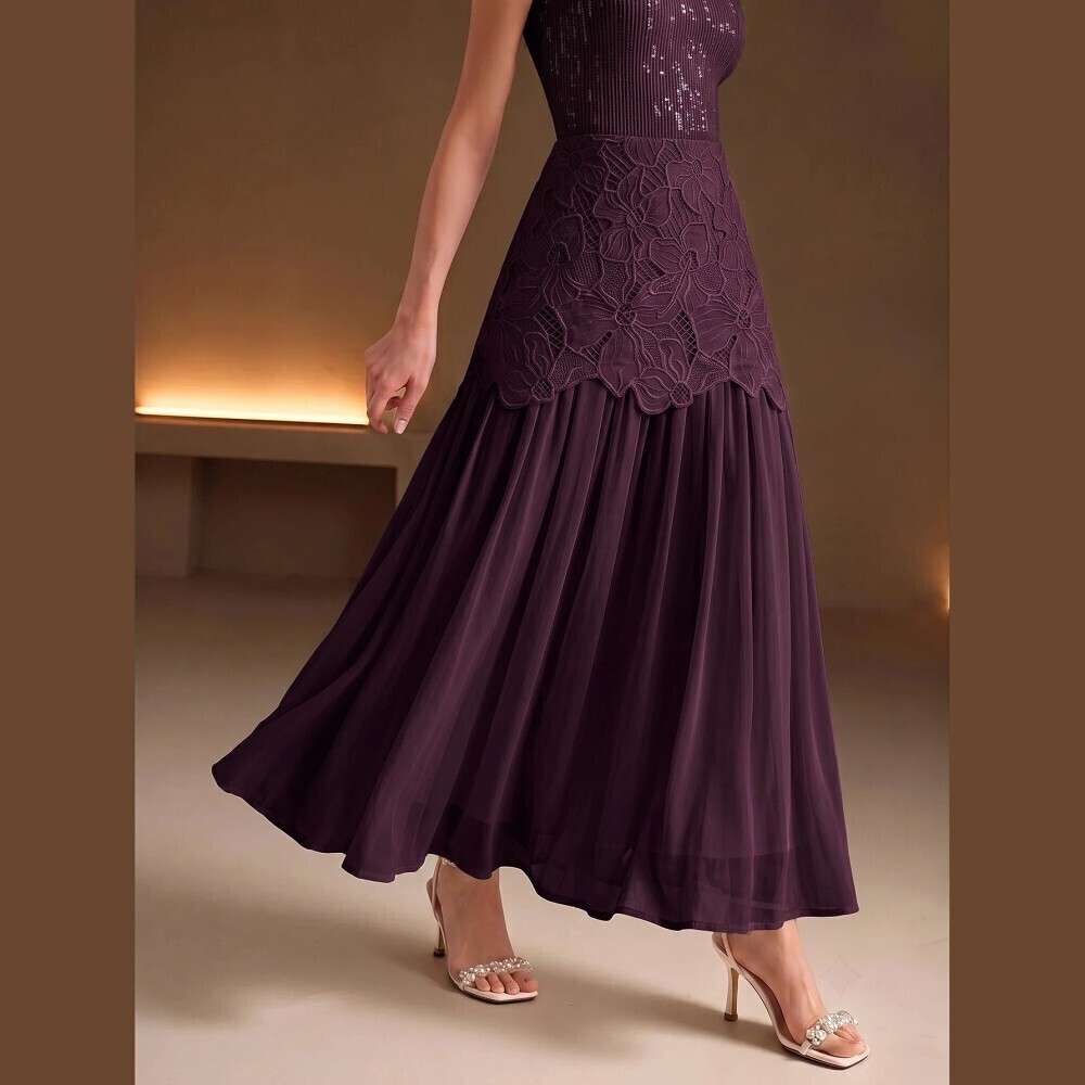 Plum Purple Floral Lace Yoke Pleated Sheer Chiffon Maxi Skirt